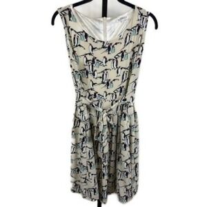 L.A. Soul Penguin Dress Women's Size Medium Beige Print Sleeveless Belted